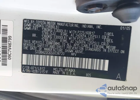 2005 Toyota Sienna Xle Limited z USA, uszkodzony, nr VIN 5TDBA22C65S038720